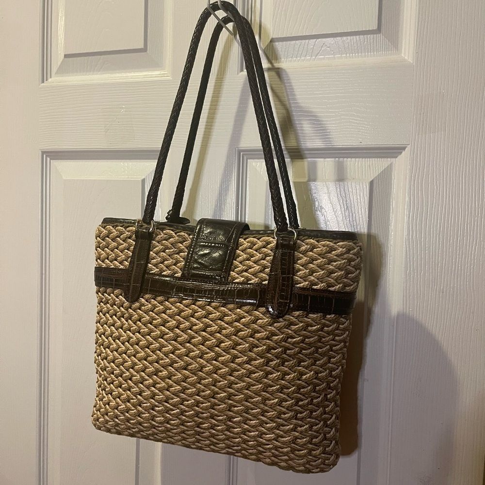 Brighton Woven Tri Color Straw tote bag, brown leather straps & trims . - Picture 4 of 13